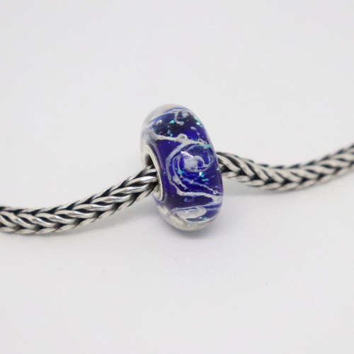 Blue and White Wave Shimmer | Glass and Sterling Silver Charm Bead