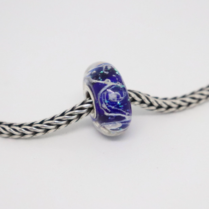 Blue and White Wave Shimmer | Glass and Sterling Silver Charm Bead