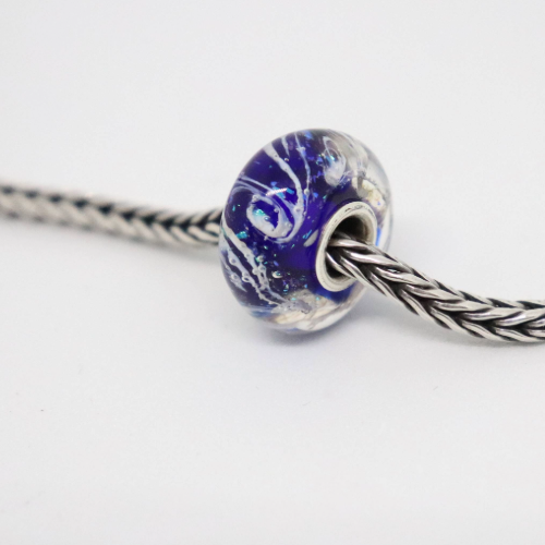 Blue and White Wave Shimmer | Glass and Sterling Silver Charm Bead