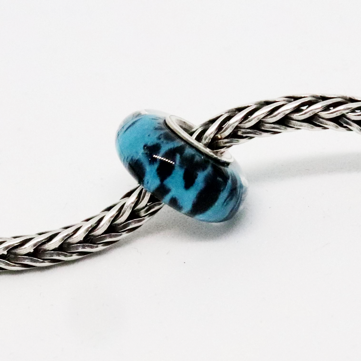 Turquoise and Black Splatter Glass and Sterling Silver Charm Bead