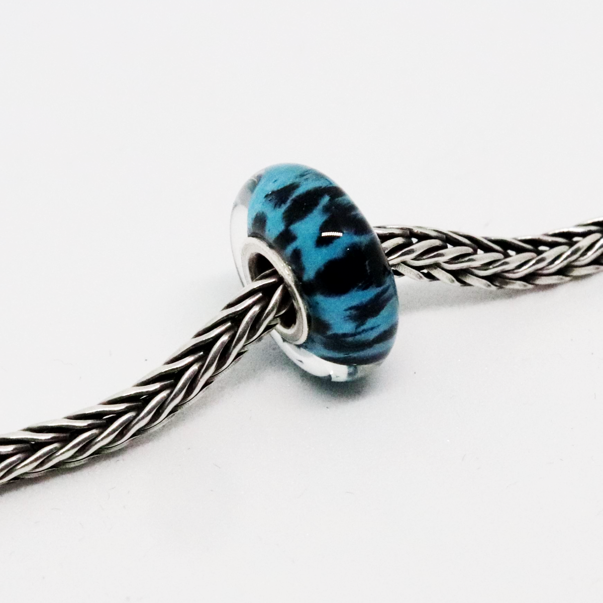 Turquoise and Black Splatter Glass and Sterling Silver Charm Bead